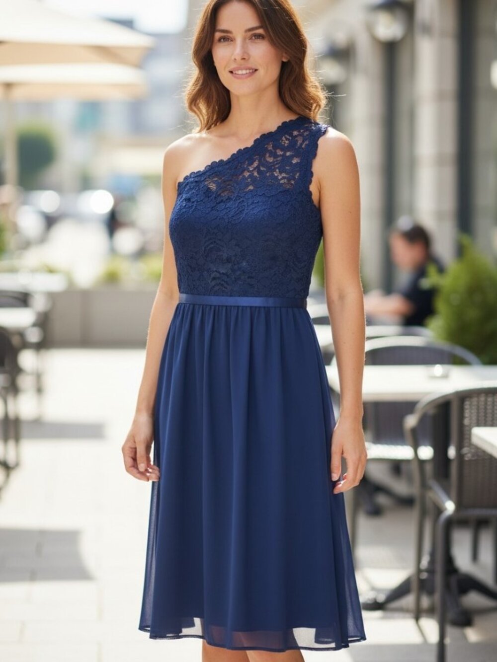 David's Bridal Navy Blue One Shoulder Dress Size 8
